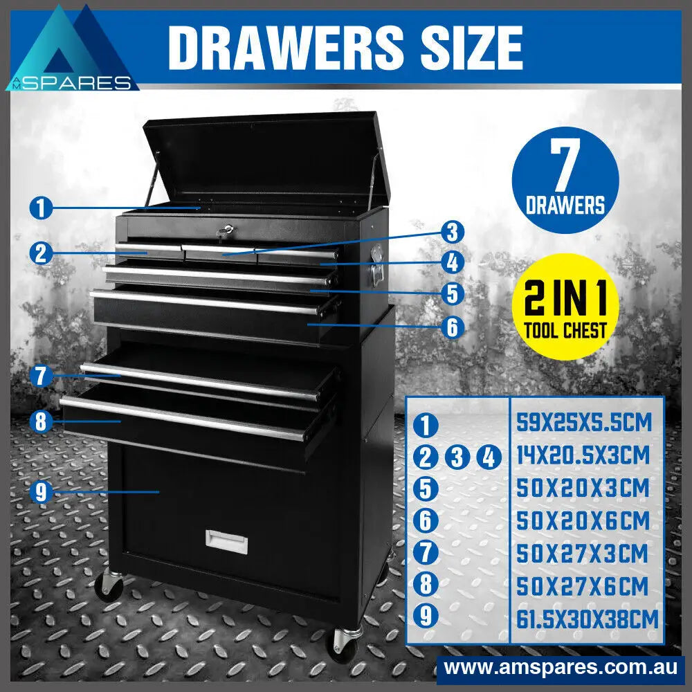 7 Drawer Tool Box Chest Cabinet Trolley Toolbox Garage Storage Lockable Blue Auto Accessories >