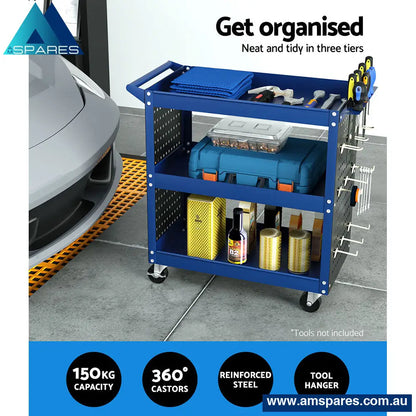 Giantz 3 - Tier Tool Cart Storage Trolley Workshop Garage Pegboard Hooks Blue Tools >
